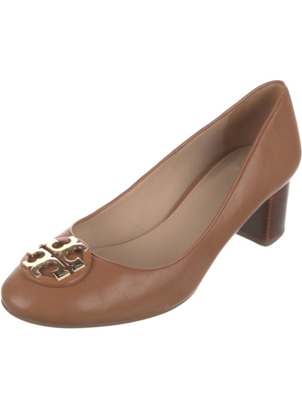 Tory Burch Brown Leather Logo Block Heel Pump
